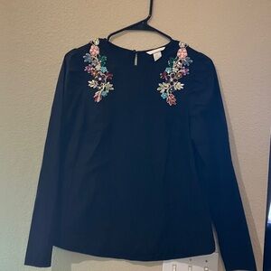 H&M Black Blouse with Colorful Floral Embellishments